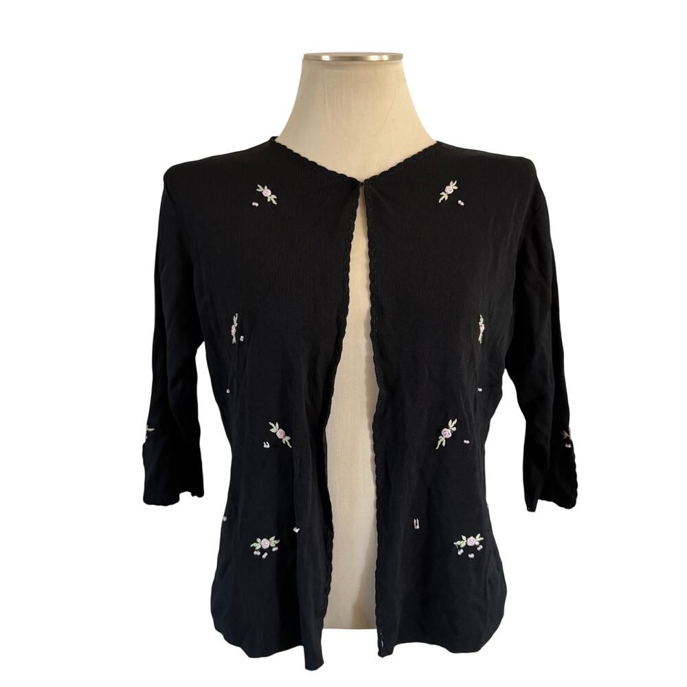 Y2K 2000s Black Floral Beaded Cardigan Top Sz M/L Cottagecore Fairy Grunge